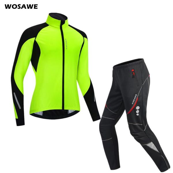 

racing sets wosawe men women cycling clothing set winter thermal fleece pants waterproof windproof reflective jacket sportswear, Black;blue