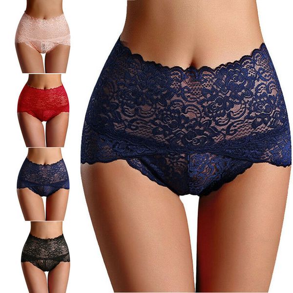 

plus size women lingerie lace brief panties thong high waist knicker underwear, Black;blue