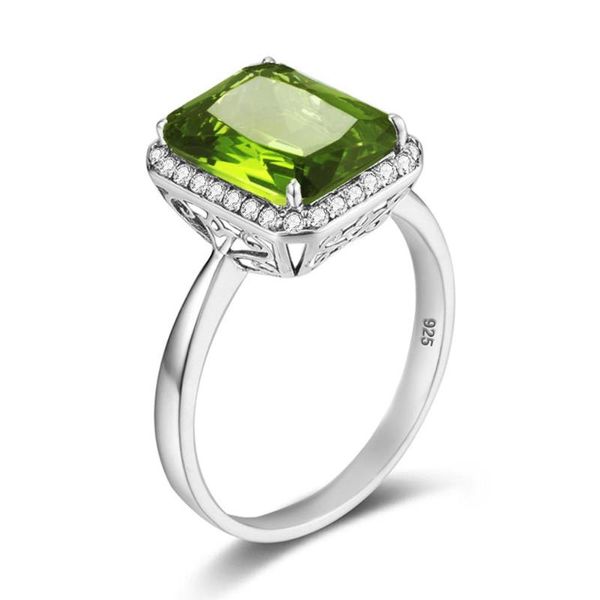 

cluster rings szjinao green stone sterling silver peridot for women boho jewelry fine olive square gemstones with diamond anillas, Golden;silver