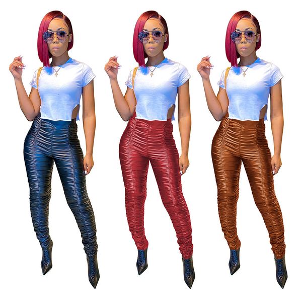

2021 new solid color shirring high-elastic fashion pencil trousers women leather pants autumn european and american style s1mc, Black;white