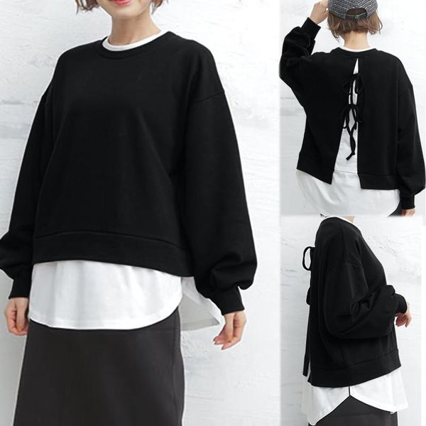 

women's t-shirt solid round neck t-shirts with loose fake two back pieces cardigan lace up long sleeve harajuku female, White