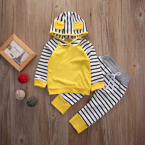 

newborn baby boys girls romper hooded sweatshirt pants striped long sleeve hoodie infant kids fall clothes, White