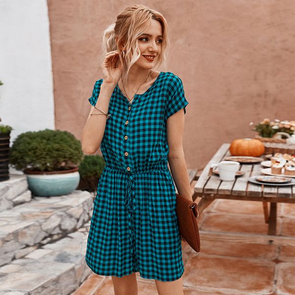 

2021 summer loose plaid women office lady lace up cotton casual button playsuits new zi8d, White