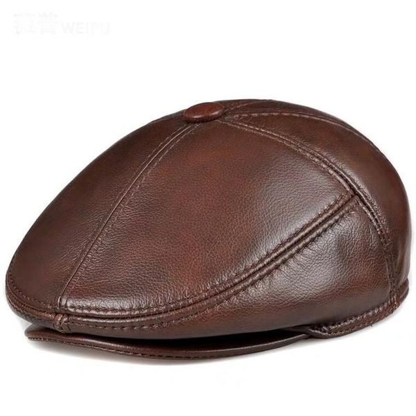 

berets men's outdoor leather hat winter male warm ear protection cap 100% genuine dad wholesale leisure bone, Blue;gray