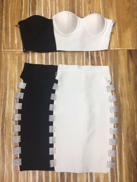 

black celebrity white 2 pieces set hollow side out rayon bandage party dress btzb