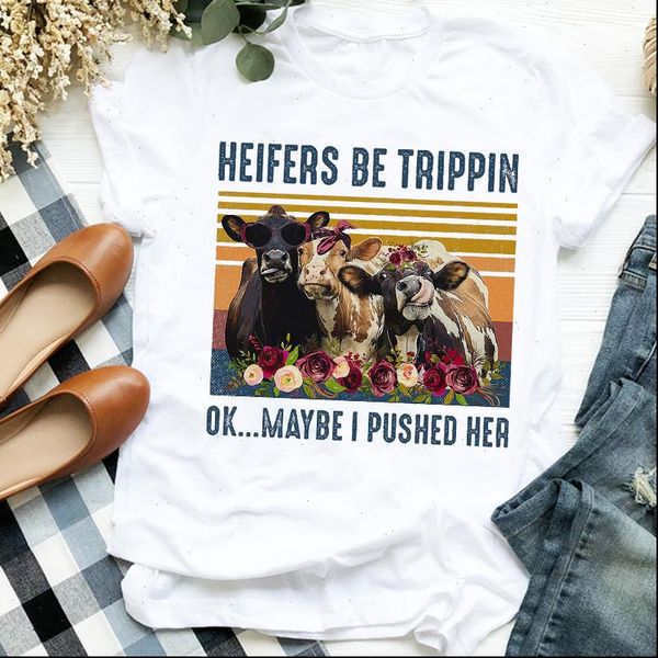 

women lady cartoon heifer flower cattle clothing 90s cute print tshirt shirt clothes graphic female t tee womens t shirt, White