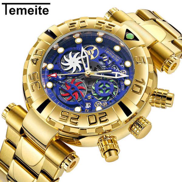 

temeite new brand mens wristwatches quartz multifunction stainless steel man watches waterproof luxury gold chronograph creative, Silver
