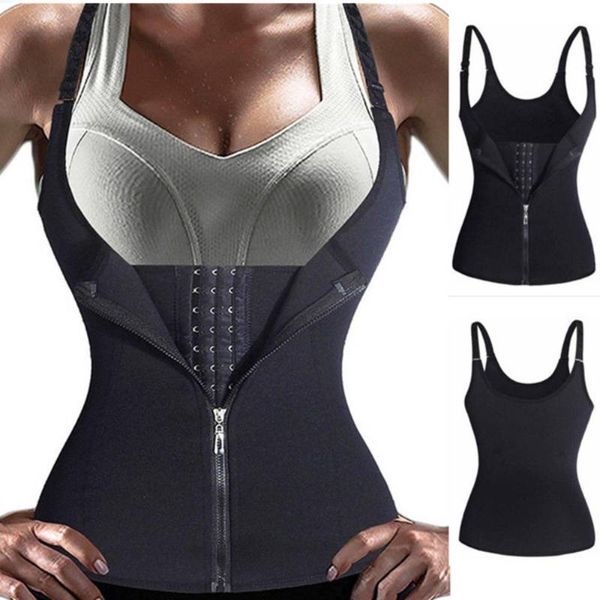

women's shapers women waist trainer corset tummy belly control girdle body shaper neoprene sweat sauna vest zipper tank shaperwear, Black;white