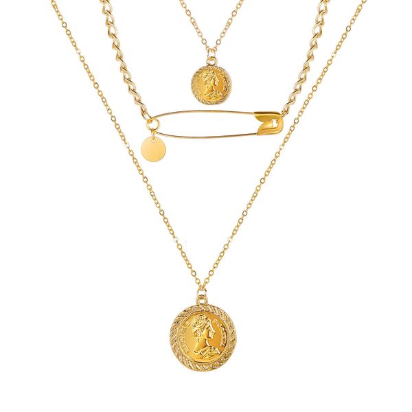 

5772 head picture paper clip multilayer necklace creative alloy clavicle chain, Golden;silver