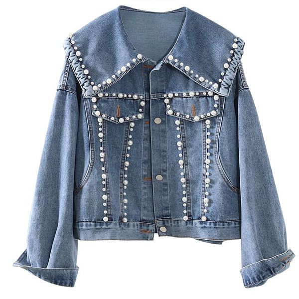 

women's jackets harajuku denim jacket women spring autumn fashion beading navy collar washed short jeans ladies loose coat h473, Black;brown