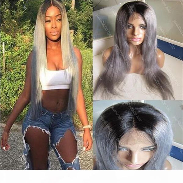 

fashion 8a quality two tone malaysian hair wig 1b grey dark roots straight wig 130 density silver grey ombre lace front wig, Black;brown