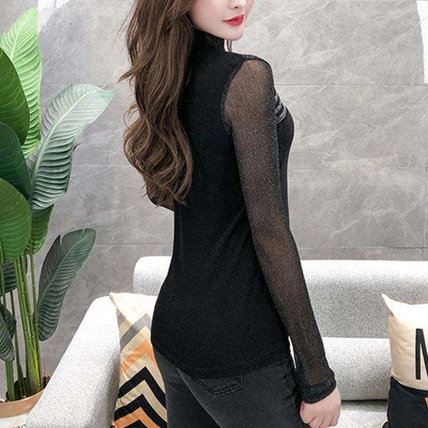 

spring fall european style shiny beads t-shirt girls fashion mock neck patchwork mesh women slim tees 2021 new t12705a 0wxs, White