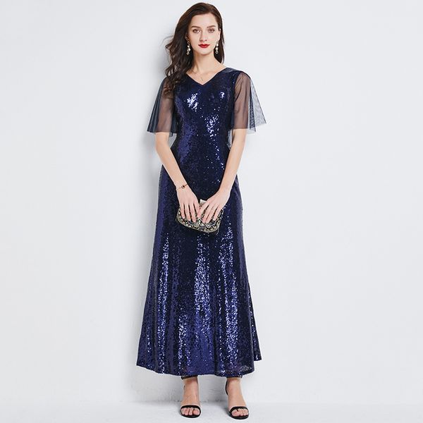 

women's runway dresses v neck short sleeves sequined patchwork fashion long party prom, Black