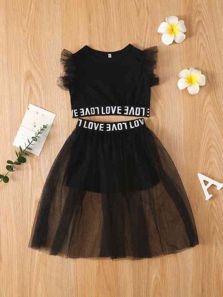 

baby letter tape contrast mesh & skirt she, White