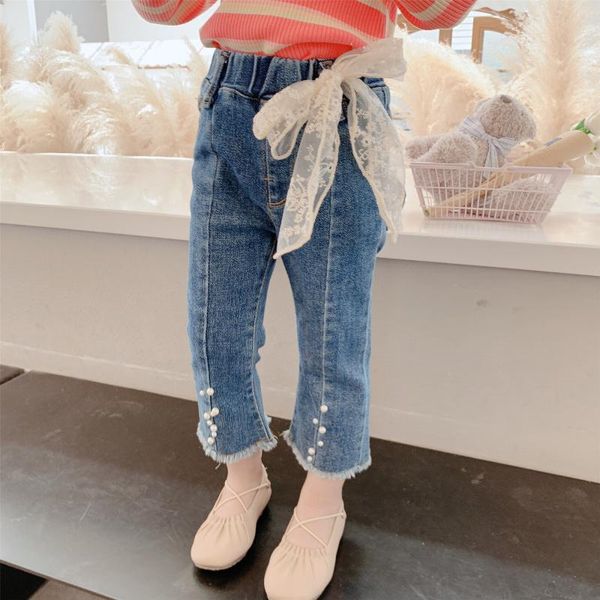 

pearl ribbon jean pocket spring autumn trousers long pants for girls boys sport children kids clothing teenagers high quality, Blue