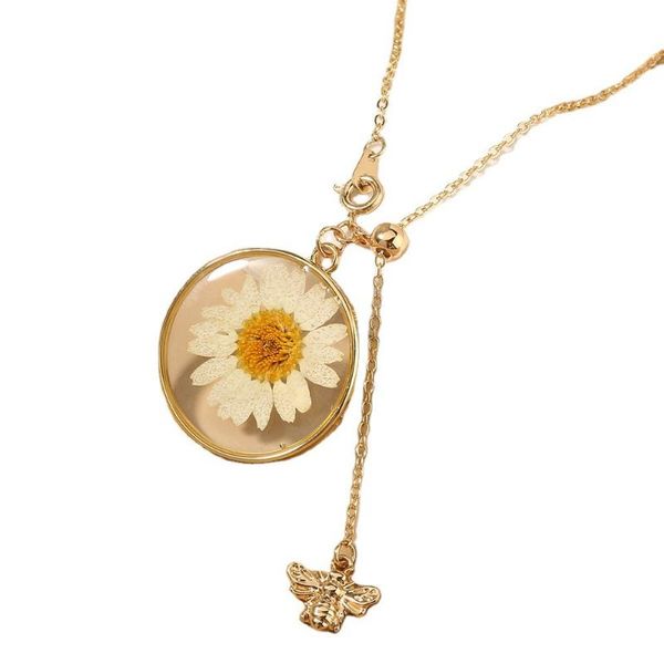 

pendant necklaces small daisy flower bee necklace dried round shaped glass women party gift dry jewelry chain, Silver