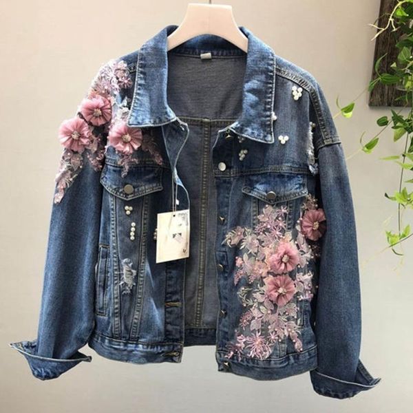 

women's jackets [ewq] 2021 autumn long sleeve denim jacket 3d beading pink embroidery hole design jeans casual coat women qv130005, Black;brown