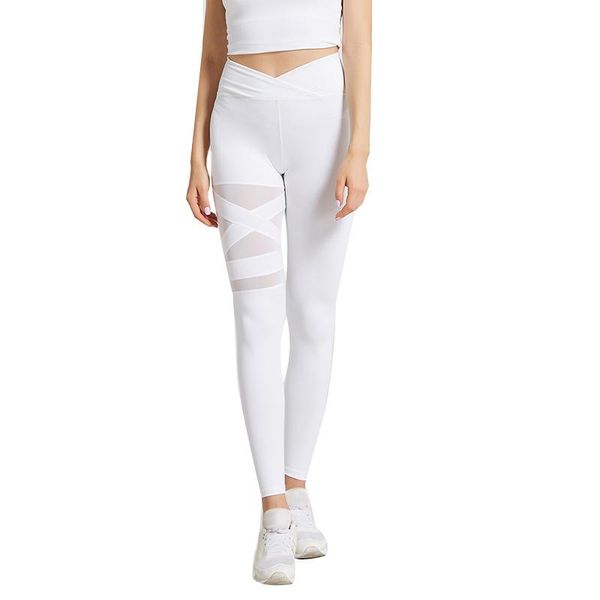 

women's mesh stitching yoga pants high waist tummy leggings running sports fitness trousers white s, White;red