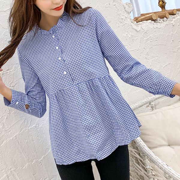 Design Women Women High Neck Ruffles camicia a pieghe a quadri abbottonate a maniche lunghe blusa signore estate tops casual busas blu blu rosso blu rosso