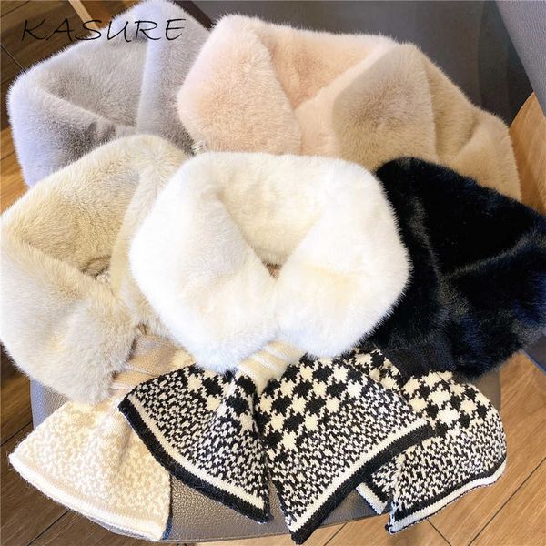 

kasure 2020 new autumn winter houndstooth fashion crochet knitted scarf foulard femme faux fur collar neck warmer scarves women h0923, Silver