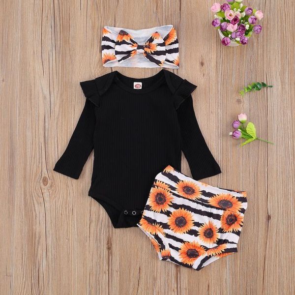

clothing sets baby & children's 0-24m born girls boys clothes 3pcs ruffles solid romper sunflowers shorts headband, White