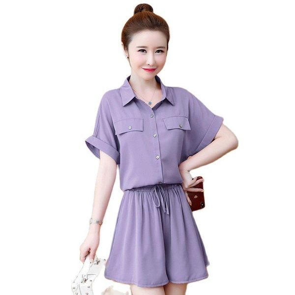

women's tracksuits plus size 5xl suit 2021 summer slim shorts fashion temperament chiffon shirt two-piece 544, Gray
