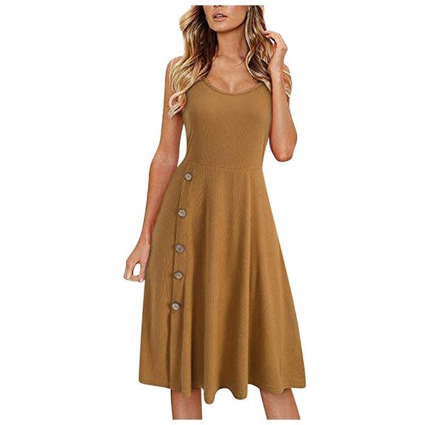 

casual dresses 2021 summer women's dress fashion solid color button round neck sling mid-length hanging, Black;gray