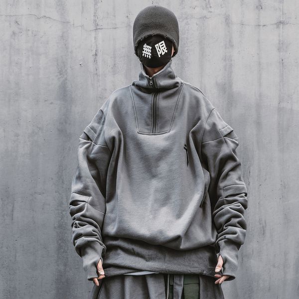 

streetwear fashion techwear kanji turtleneck pullover sweatshirt men, Black