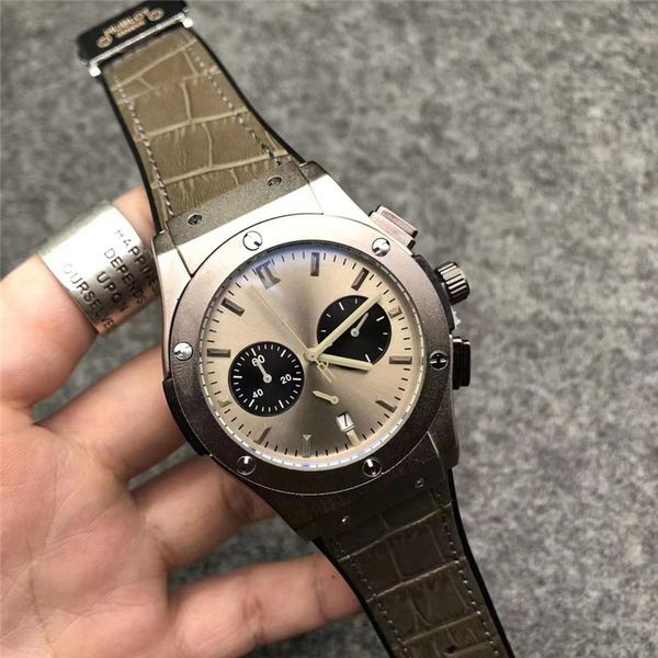 

men's quartz movement watch 42mm comfortable leather strap gold case 5atm small dial working waterproof sports watches montre de luxe o, Slivery;brown