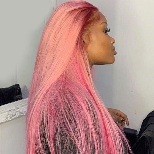 

lace wigs rose pink straight wig t part front human hair 13x1 frontal hd transparent can be dyed remy pre plucked, Black;brown