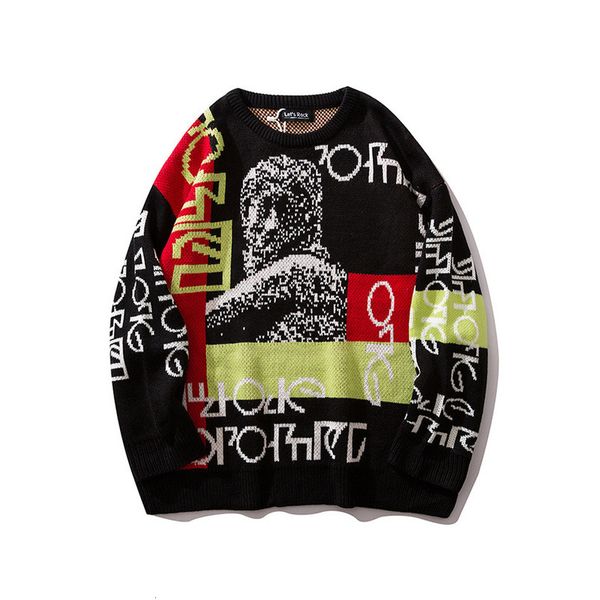 

2021 new hip hop jacquard figures printing around the neck pullover color sweater combine streetwear long casual sleeve jumpers jyts, White;black