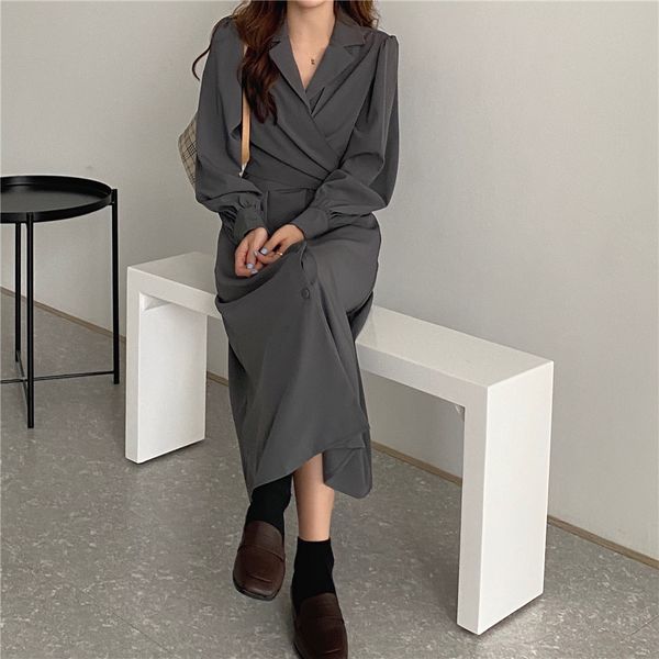 

2021 notched single breasted women suit new minimalist autumn elegant ol sleeve solid long es vestidos 9y27, Black;gray