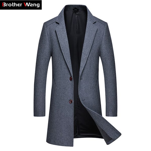 

2021 autumn winter new men's wool coat classic style business fashion slim fit thick long jacket male brand red wine overcoat 6cdq, Black