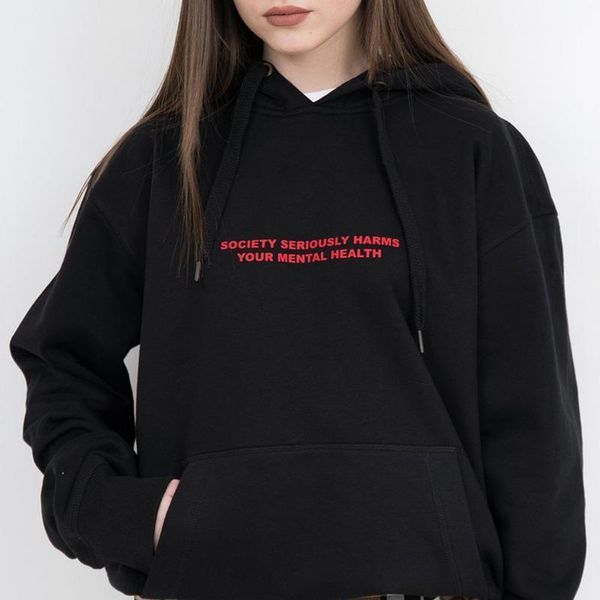 

society seriously harms your mental health hoodies women causal pullover aesthetic tumblr harajuku sweatshirt jumper drop ship, Black