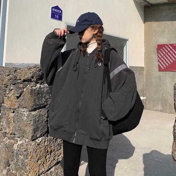 

winter korean ulzzang fashion punk harajuku women's long sleeve large size vintage letter casual loose hip hop jacket 210608, Black;brown