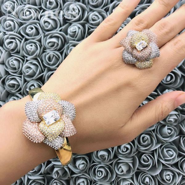 Ohrringe Halskette Ness Luxus Blume 2 Stück Armreif Ring Sets Kubikzircon Schmuck Für Frauen Hochzeit Tricolor African Dubai Braut Set