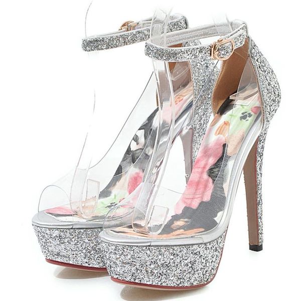 

dress shoes high heels pumps clear pvc transparent peep toe bling stiletto heel ankle strap evening wedding bridal pink silver, Black