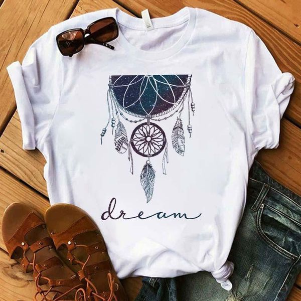 

women's t-shirt dreamcatcher harajuku flower o-neck kawaii retro summer casual clothing short sleeves, White