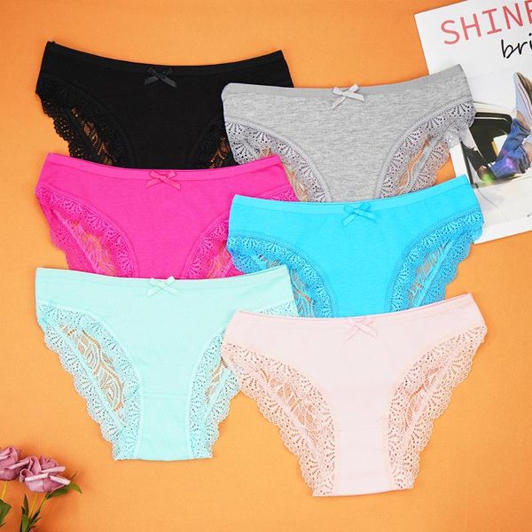 

women's panties 6pcs cotton lace briefs women underwear lingerie for female ladies floral pantys underpants, Black;pink