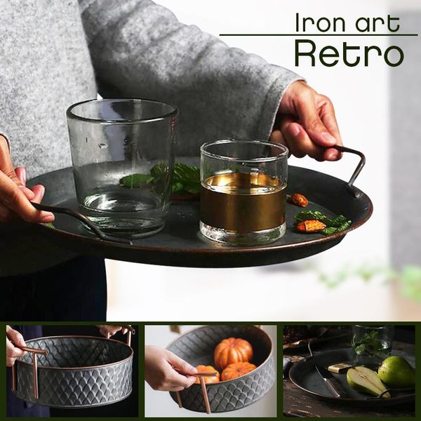 

dishes & plates european retro metal plate with handle handcrafted wrought vintage storage snack tea cup bread tray home decor restaurant