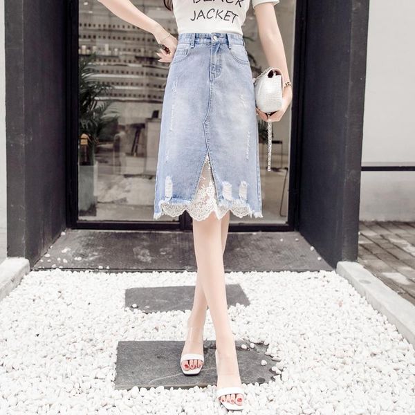 

skirts 2021 female denim skirt spring summer mid-length splice lace hole irregular high waist pocket women s-2xl, Black