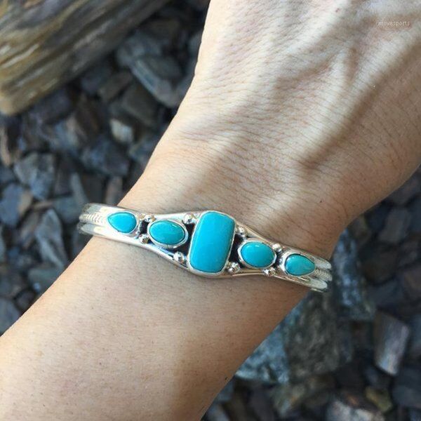 

charm bracelets boho gypsy vintage carved hollow geometric open bangle turquoises gem stone bead women fashion jewelry1, Golden;silver