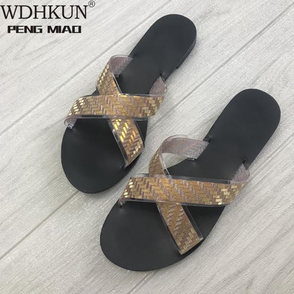

slippers 2021 summer women's fashion color matching sequins cross thin belt flat bottom wild beach flip flops factory sale, Black