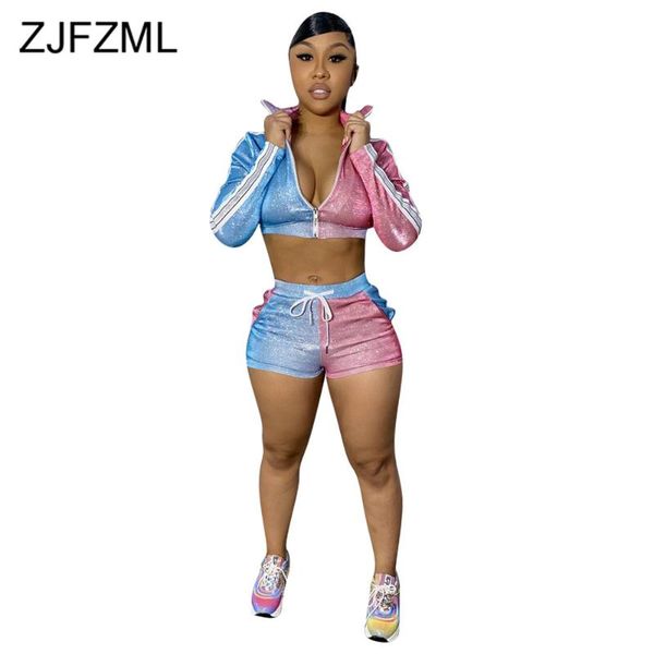 

pink blue color block spliced tracksuit women two piece set front zipper long sleeve crop biker tight short sporty suit, Gray