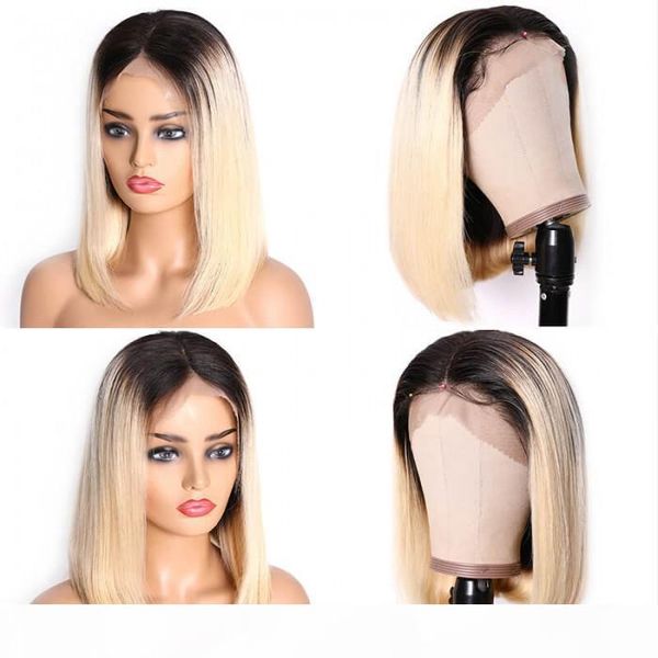 

black to platinum blonde ombre straight bob 130 and 150 density short 13 4 lace front bob, Black;brown