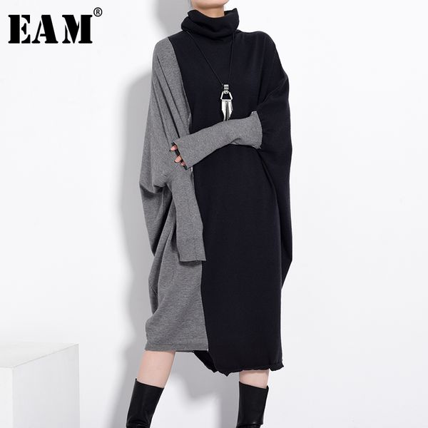 

[eam] women black gray knitting big size long dress new turtleneck long sleeve loose fit fashion tide autumn winter 2021 210303