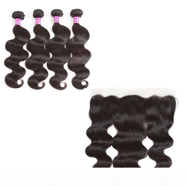 

brazilian human hair extensions body wave 4 bundles with 13x4 lace frontal 100% unprocessed malaysian indian brazilian hair weave, Black;brown