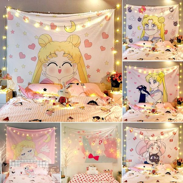 Arazzi Macrame Anime Tapestry Kawaii Cute Woman Girl's Bedroom Decorative Wall Hanging Pink Japanese Room Decoration