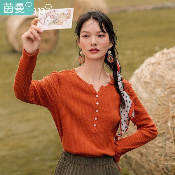 

women's t-shirt t shirts spring autumn t-shirt for v-neck contrast color lean cotton solid-color stripe long-sleeved versatile sk dugu, White