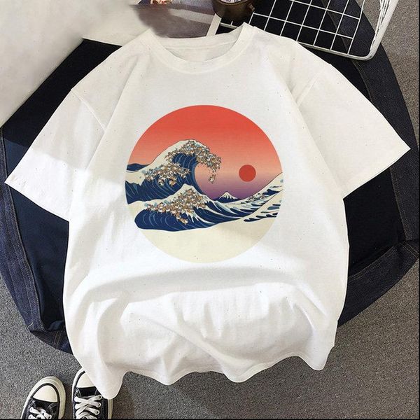 

the great wave of kanagawa japan women t shirt cartoon aesthetic tshirt women short sleeved casual t shirt harajuku tee, White